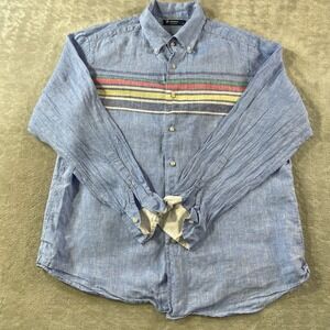 Cremieux Linen Shirt Mens Large Blue Striped Summer Beach Resort Vacation Preppy